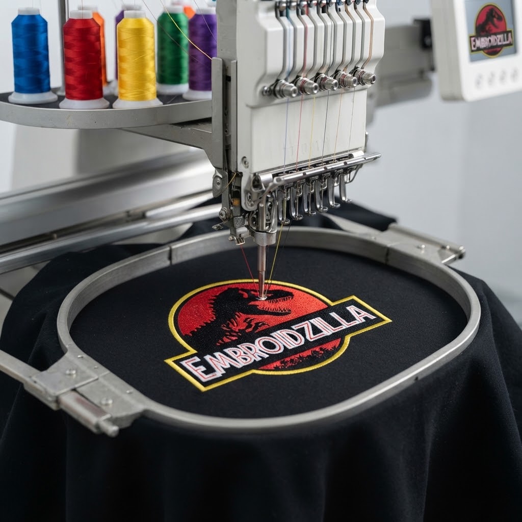 Embroidery machine stitching logo in hoop