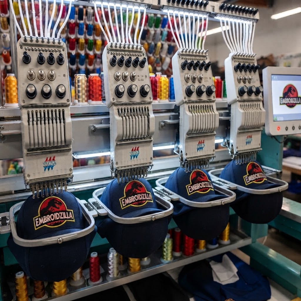 Embroidzilla logos on caps